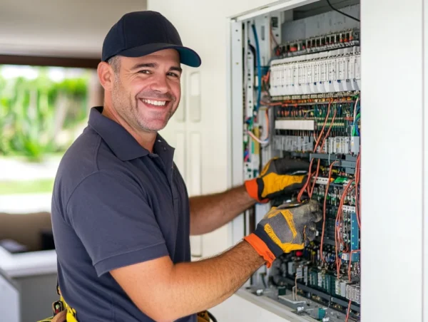 Electrician smiling while working on an electrical panel, wearing gloves and safety gear.