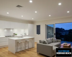 Open-plan living room and kitchen with large windows offering a view.