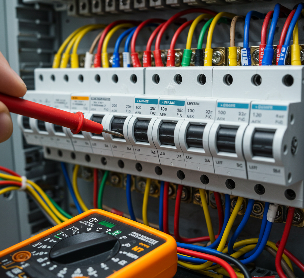 Electrical outlet with damaged wiring, showing smoke and exposed wires.